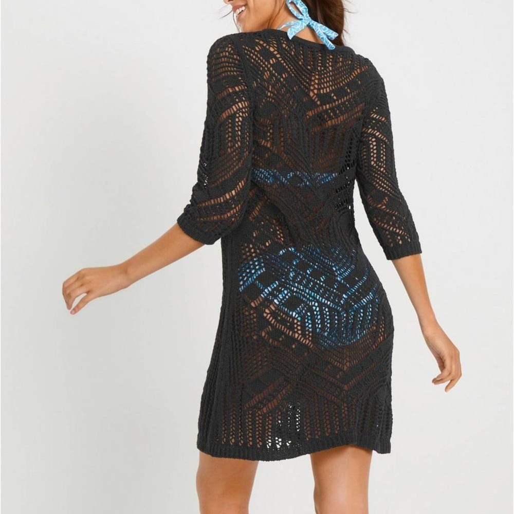 Black Crochet Knit Beach Cover Up Dress One Size - Picture 6 of 12